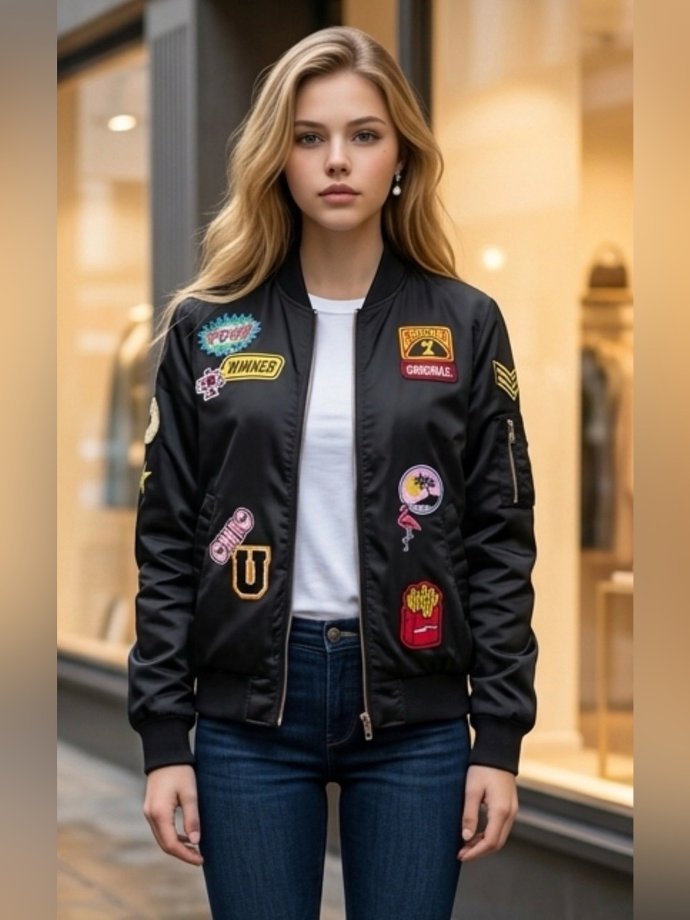 Indigo Rein Black Patch Bomber Jacket with Colorful Embroidered Patches R1